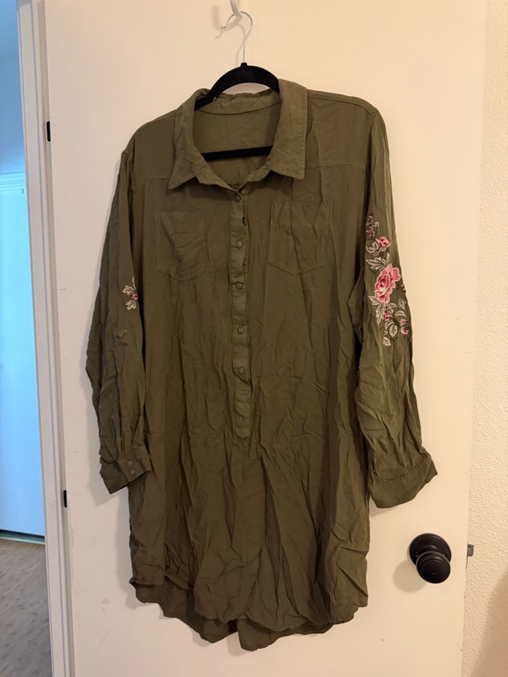 Olive Green Embroidered Button-Up Tunic
